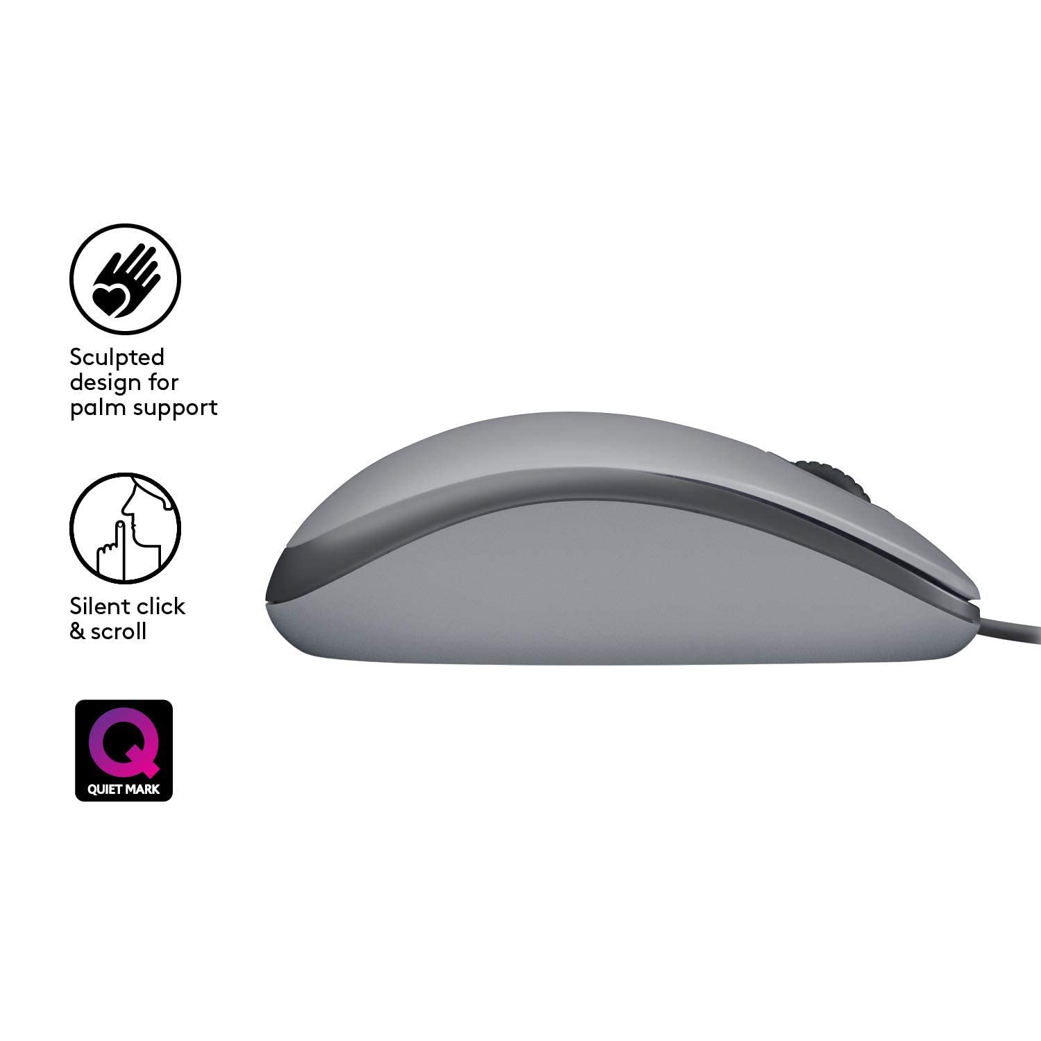 LOGITECH M110 Silent Mouse right and left-handed optical 3 buttons wired USB-A mid grey