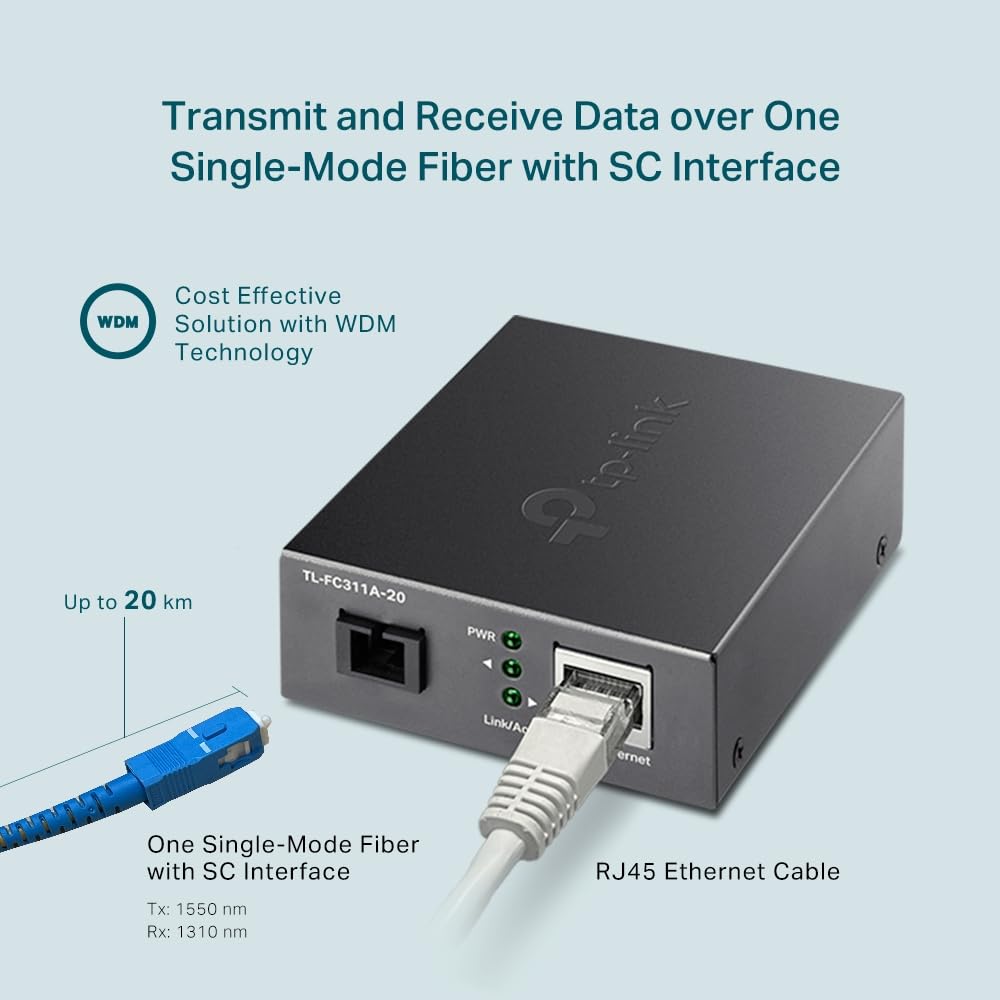 TP-LINK Omada 10/100/1000 Mbps RJ45 to 1000 Mbps Single-mode SC WDM Bi-Directional Fiber Converter