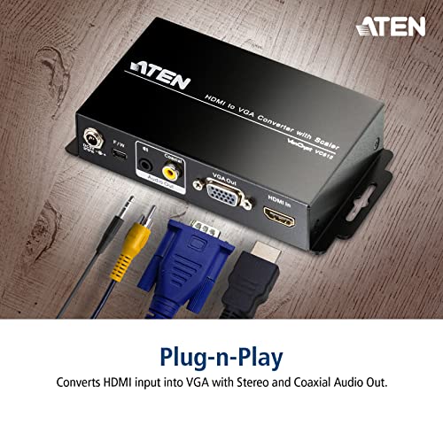 "ATEN Convertisseur HDMI-VGA avec convertisseur de format d’image - Convertisseur vidéo scaler - Noir - Métal - 1920 x 1200 pixels - 800 x 600,1024 x 768,1280 x "