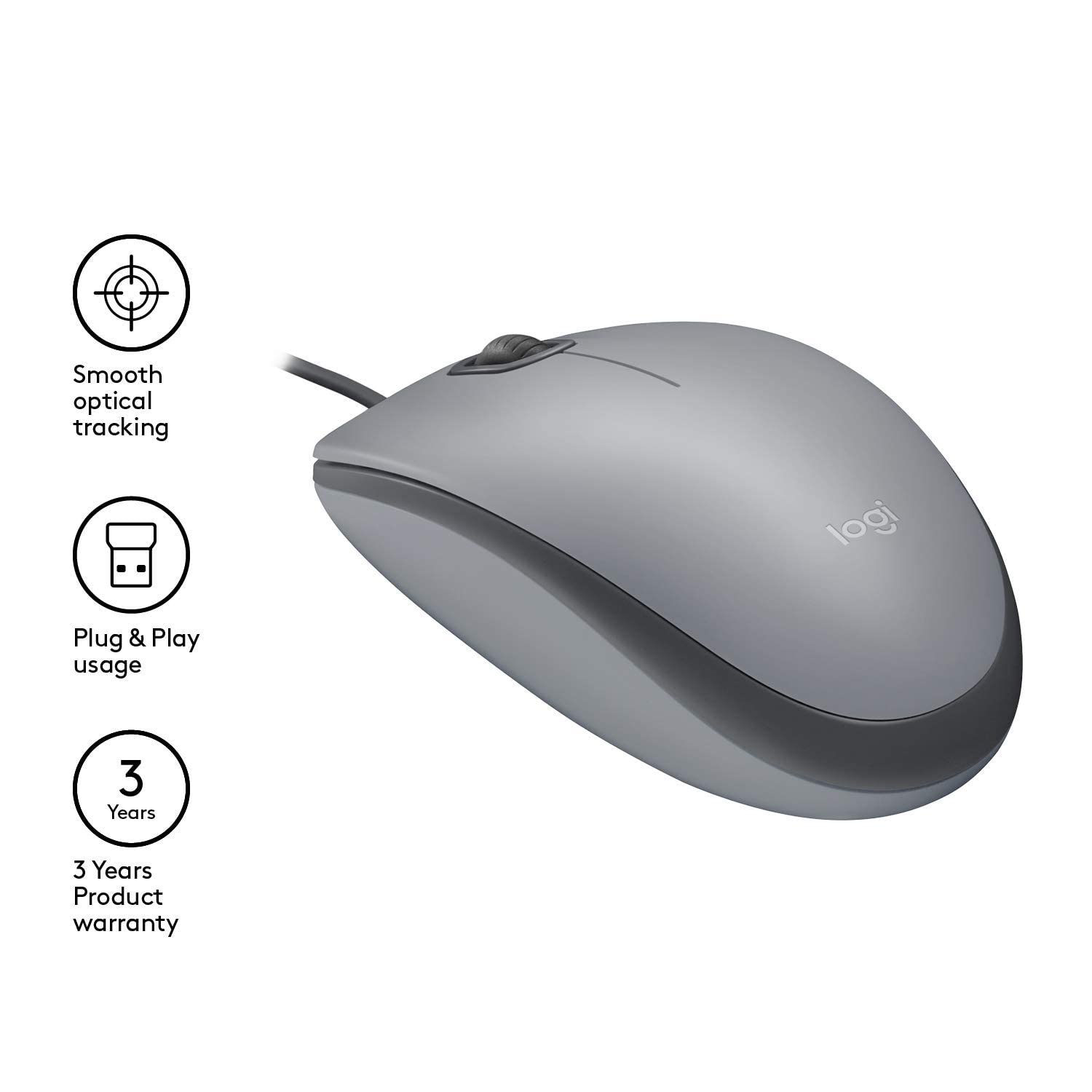 LOGITECH M110 Silent Mouse right and left-handed optical 3 buttons wired USB-A mid grey