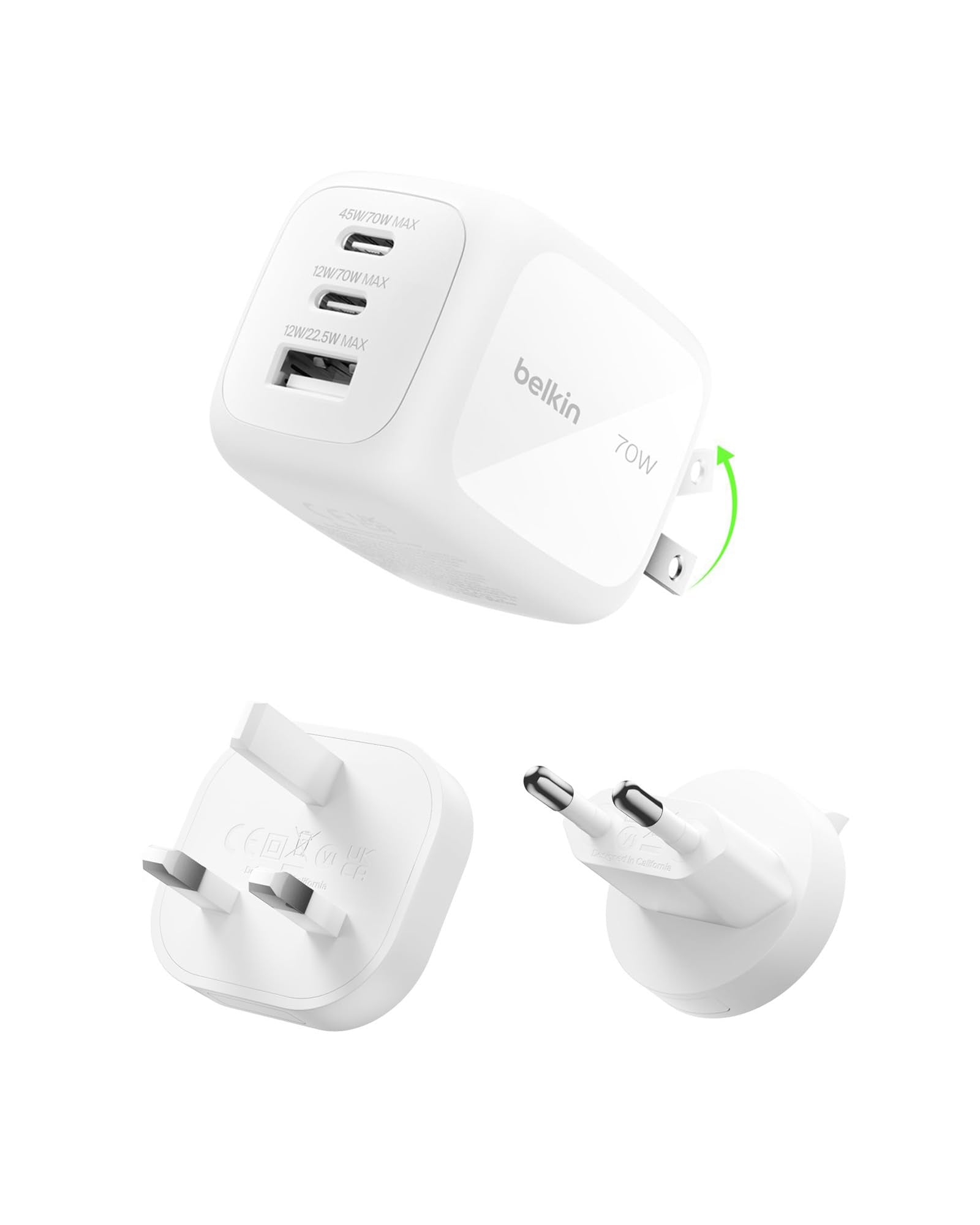 BELKIN BOOST CHARGE 70w 2C1A Wall Charger with interchangeable plug tips UK EU US