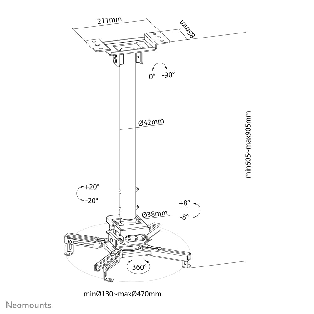 NEOMOUNTS CL25-540BL1 Support de plafond pour vidéoprojecteur - h 60.5-90.5 cm - installation facile - orientable
