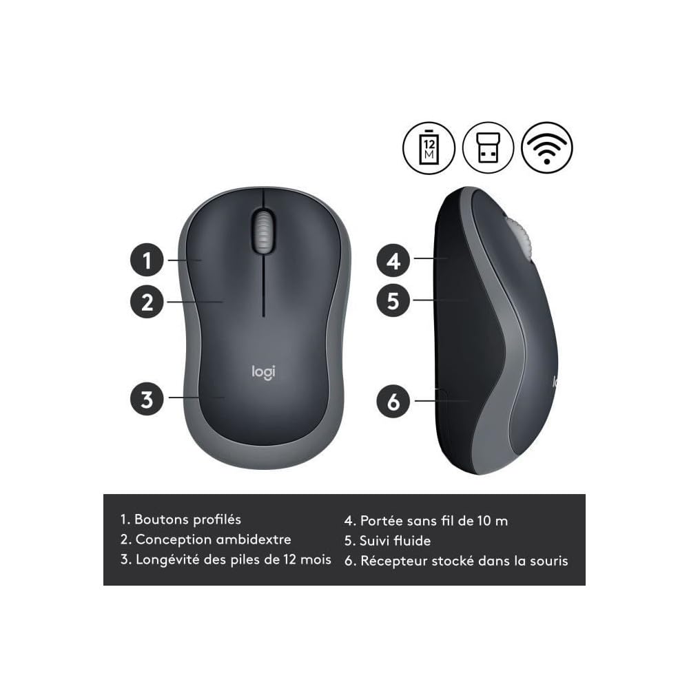 LOGITECH M185 Mouse optical wireless 2.4 GHz USB wireless receiver grey
