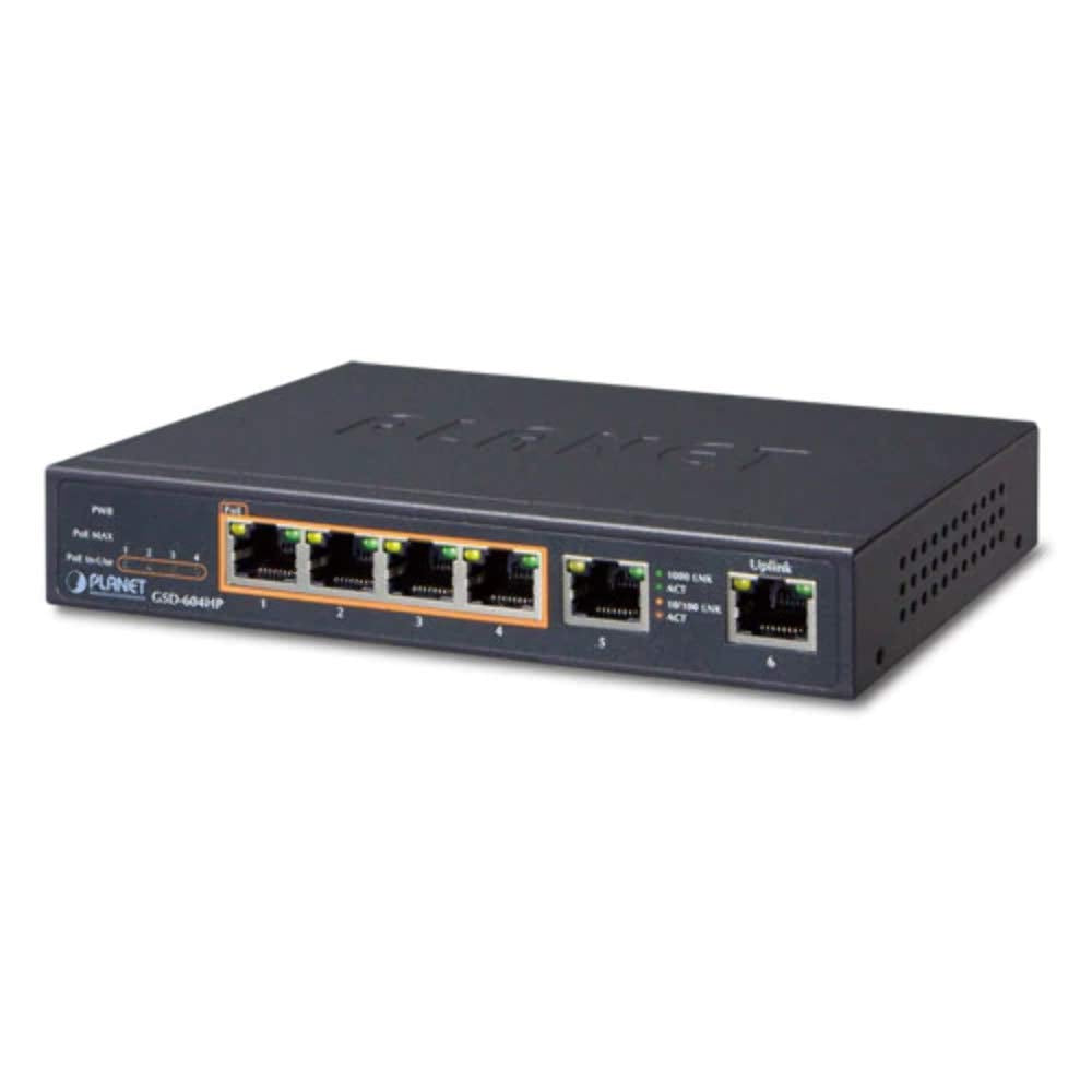 PLANET GSD-604HP commutateur réseau Non-géré Gigabit Ethernet (10/100/1000) Connexion Ethernet, supportant l'alimentation via ce port (PoE) Bleu