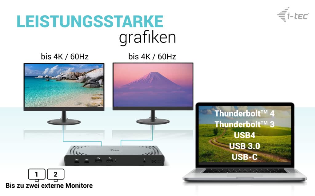 I-TEC USB 3.0/USB-C/Thunderbolt 3 Dualdock 1x5K 2x4K 60Hz 2xDP 2xHDMI 1xGLAN 4xUSB 3.2 2xUSB-C 3.2 Gen.2 1xAudio/Mic Jack PD 100W KL