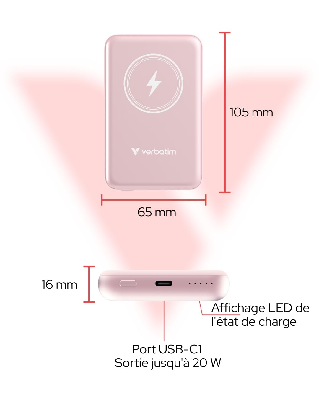 VERBATIM CHARGE N GO MAGNETIC WIRELESS POWER BANK 10000 PINK WCF (P)