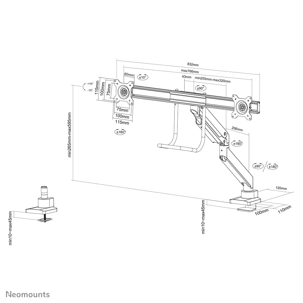 NEOMOUNTS NM-D775DXSILVER Support décran à fixer 10-32p - ressort à gaz - Topfix - arrêt 180