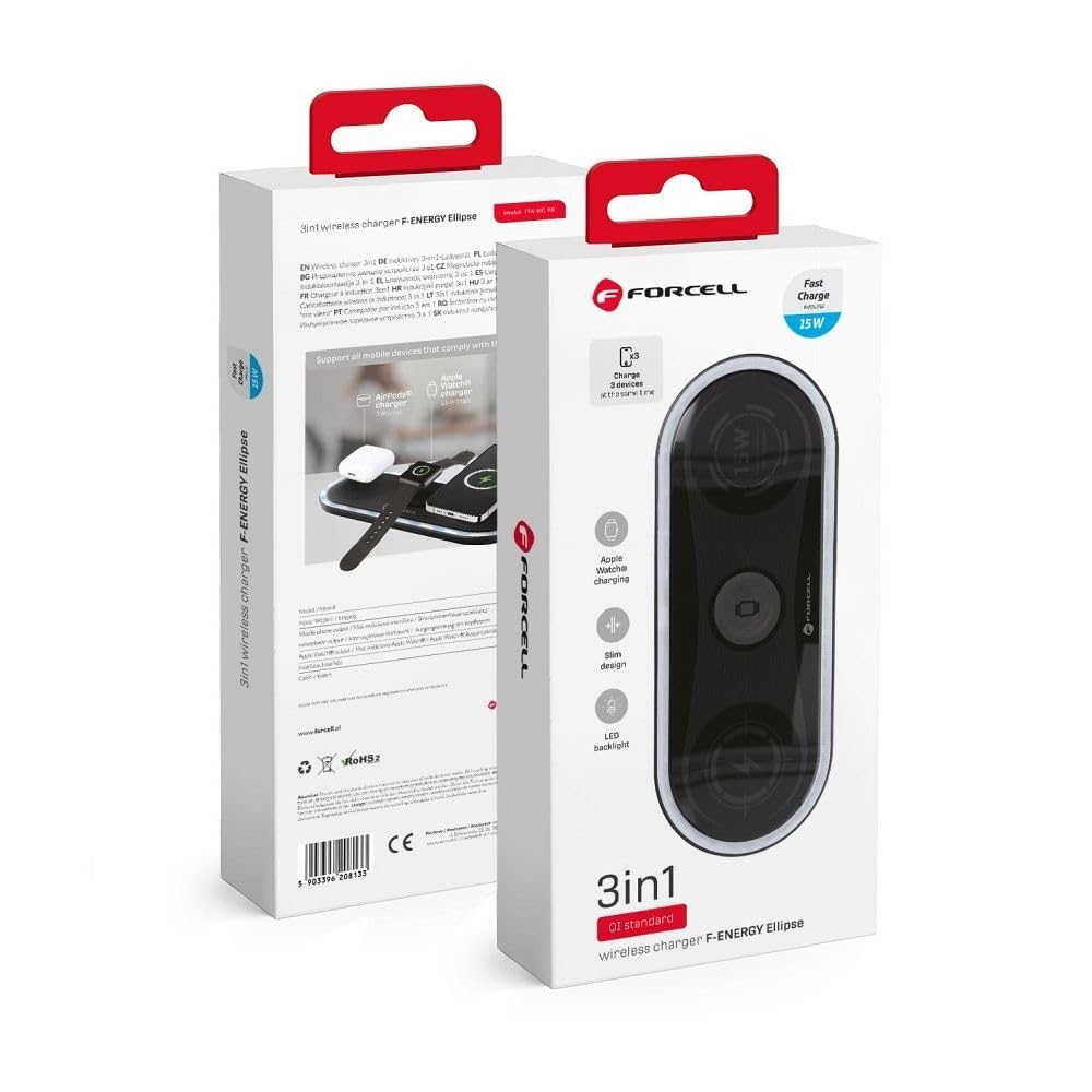 Forcell - Chargeur à Induction Rapide (3 en 1, 15W, Noir) Emballage Original
