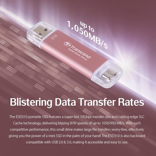 TRANSCEND ESD310P 2To External SSD USB 10Gbps Type C/A Pink