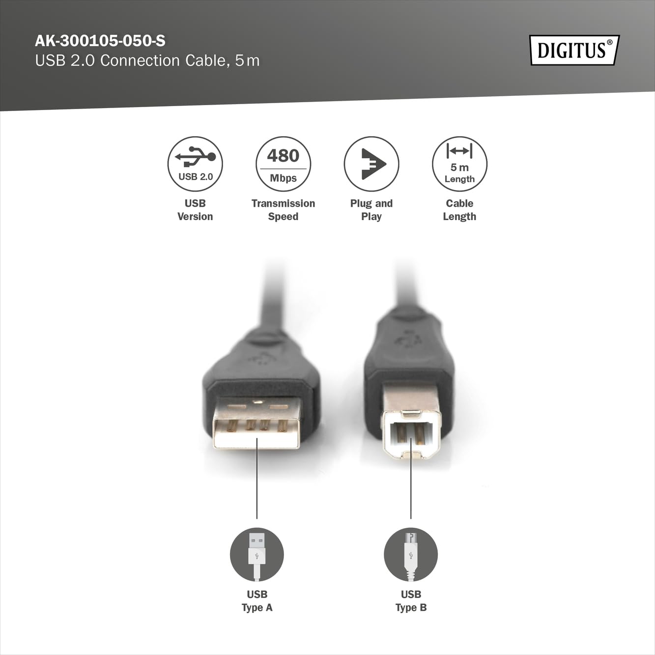 Digitus AK-300105-050-S Câble USB 2.0 Mâle a Mâle A a B 5m Noir