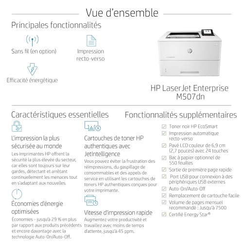 HP LaserJet Enterprise M507dn Printer Mono Duplex laser A4 1200x1200dpi 50ppm 650sheets USB LAN