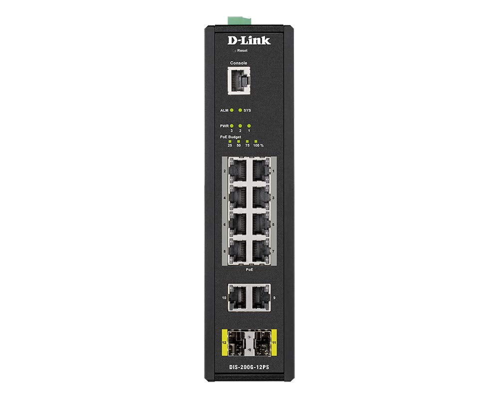 D-LINK 12 Port L2 Industrial Smart Managed Switch with 10 x 1GBaseTX ports 8 PoE 240W and 2 x SFP ports