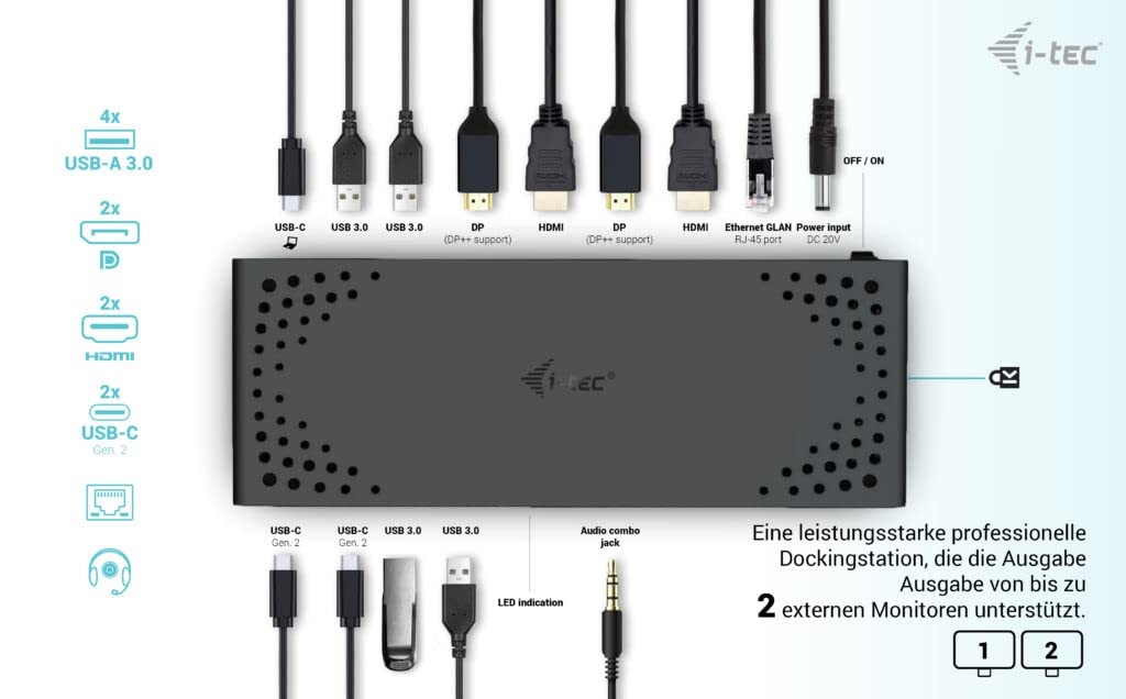 I-TEC USB 3.0/USB-C/Thunderbolt 3 Dualdock 1x5K 2x4K 60Hz 2xDP 2xHDMI 1xGLAN 4xUSB 3.2 2xUSB-C 3.2 Gen.2 1xAudio/Mic Jack PD 100W KL
