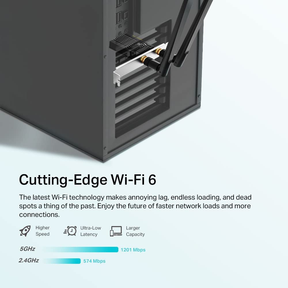 TP-LINK AX1800 Dual Band Wi-Fi 6 Bluetooth 5.2 PCI Express Adapter 1201Mbps at 5GHz + 574Mbps at 2.4GHz 2x High Gain Antennas