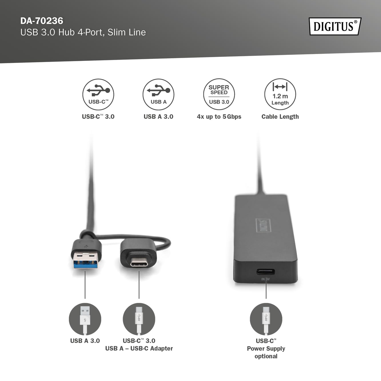 Digitus DA-70236 hub & concentrateur USB 3.2 Gen 1 (3.1 Gen 1) Type-A + Type-C 12000 Mbit/s Noir