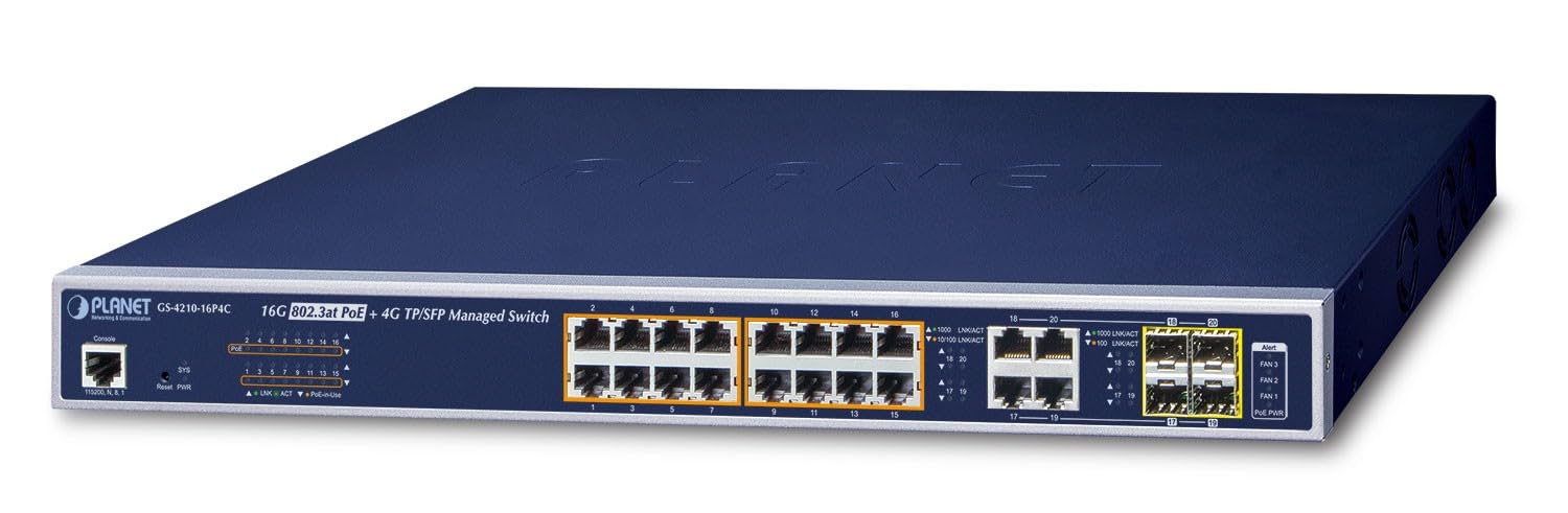 PLANET GS-4210-16P4C commutateur réseau Géré L2/L4 Gigabit Ethernet (10/100/1000) Connexion Ethernet, supportant l'alimentation via ce port (PoE) 1U Bleu