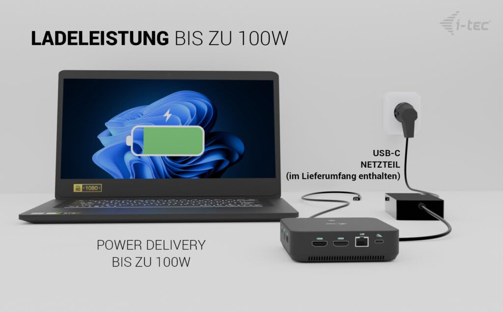 I-TEC USB-C DS 2 x HDMI 1x DP 1x GLAN 1x USB-C 3.2 3x USB-A 3.2 2x USB 2.0 1x 3.5mm Audio/Mic 1x 100W USB-C Power Delivery + Charger