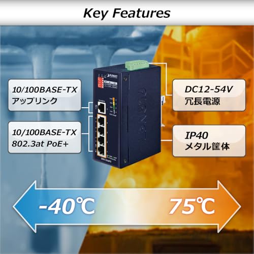 Planet sw indust 5P 10/100 dont 4 Injecteurs PoE 15W -45/75°