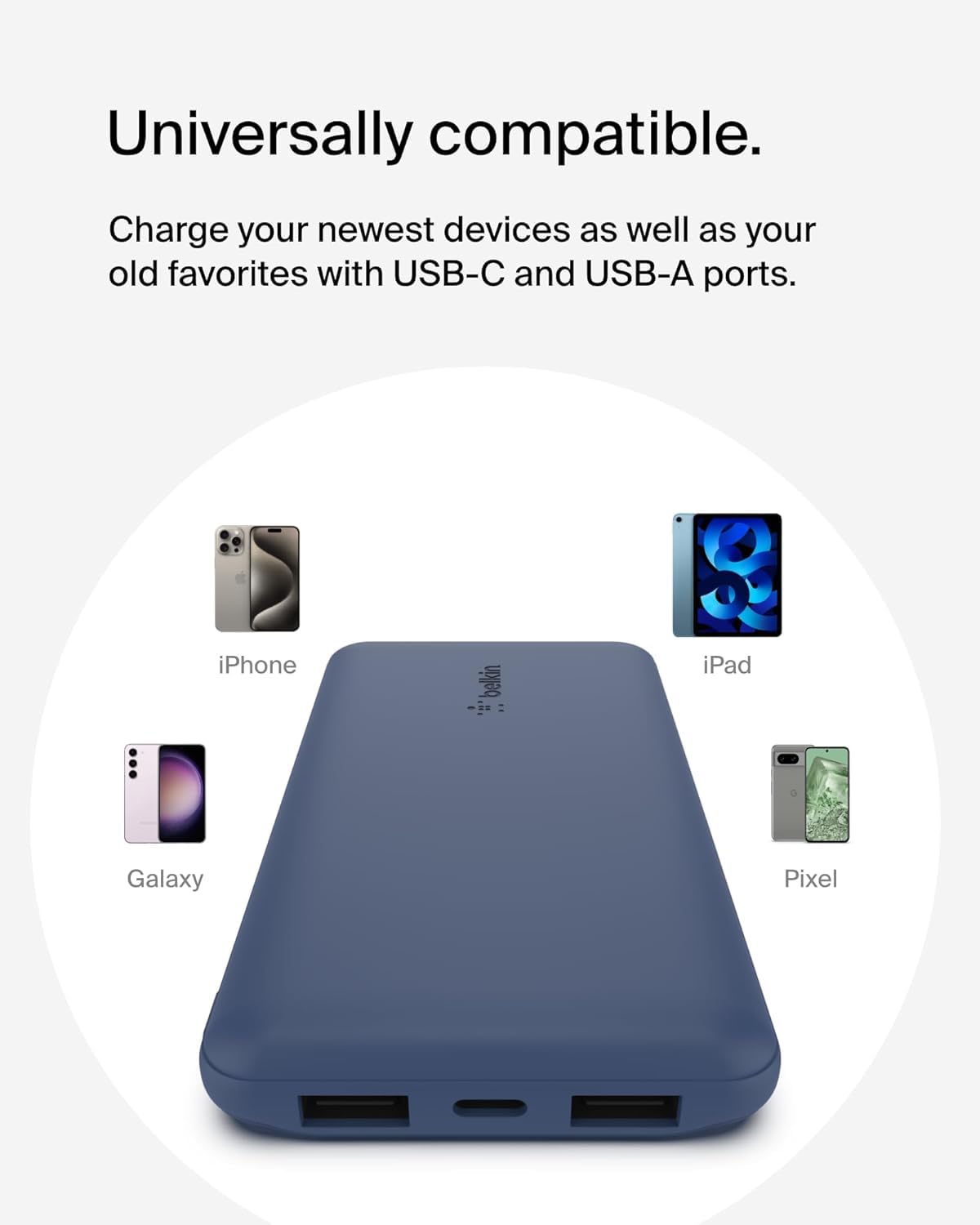 BELKIN Batterie externe 3 ports 10K avec câble USB-A vers USB-C bleu