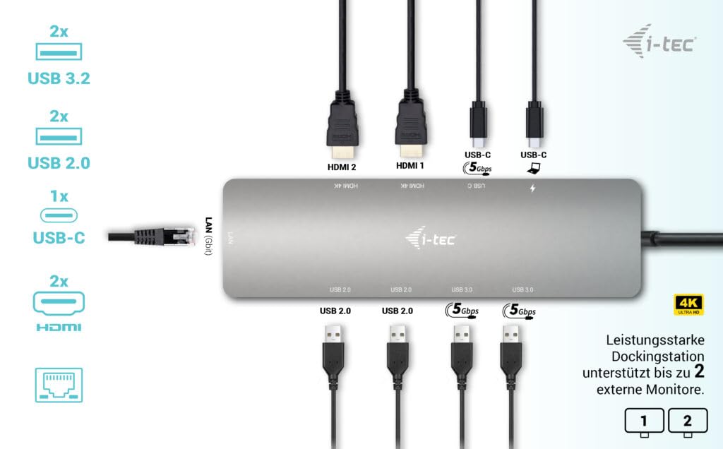 I-TEC USB-C Metal Nano Dock 2x HDMI 1x GLAN 2x USB 3.2 2x USB2.0 1x USB-C 3.2 Gen.1 Data 1x USB-C 100W PD Sans Alimentation