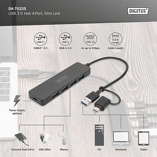 Digitus DA-70235 hub & concentrateur USB 3.2 Gen 1 (3.1 Gen 1) Type-A + Type-C 12000 Mbit/s Noir
