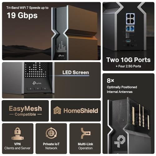 TP-LINK BE19000 Tri Band Wi-Fi 7 Router 1376Mbps at 2.4GHz + 5760Mbps at 5GHz + 11520Mbps at 6GHz 8x Internal Antennas