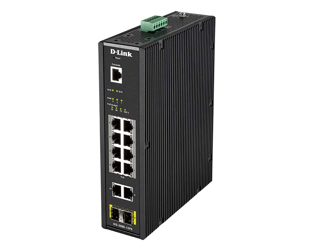 D-LINK 12 Port L2 Industrial Smart Managed Switch with 10 x 1GBaseTX ports 8 PoE 240W and 2 x SFP ports