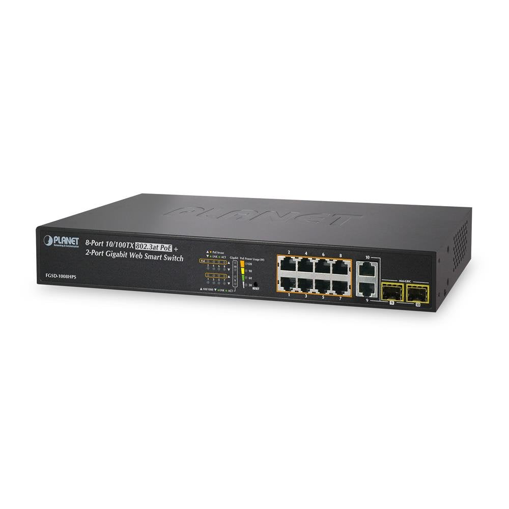 PLANET FGSD-1008HPS commutateur réseau Géré Fast Ethernet (10/100) Connexion Ethernet, supportant l'alimentation via ce port (PoE) Bleu