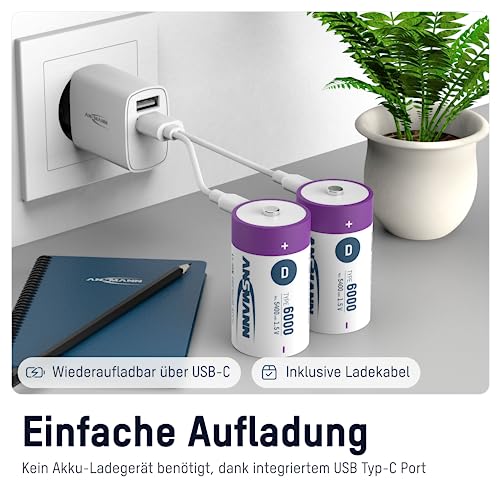 ANSMANN Accu lithium Mono D, 2 pièces, rechargeables Type-C, 1,5 V