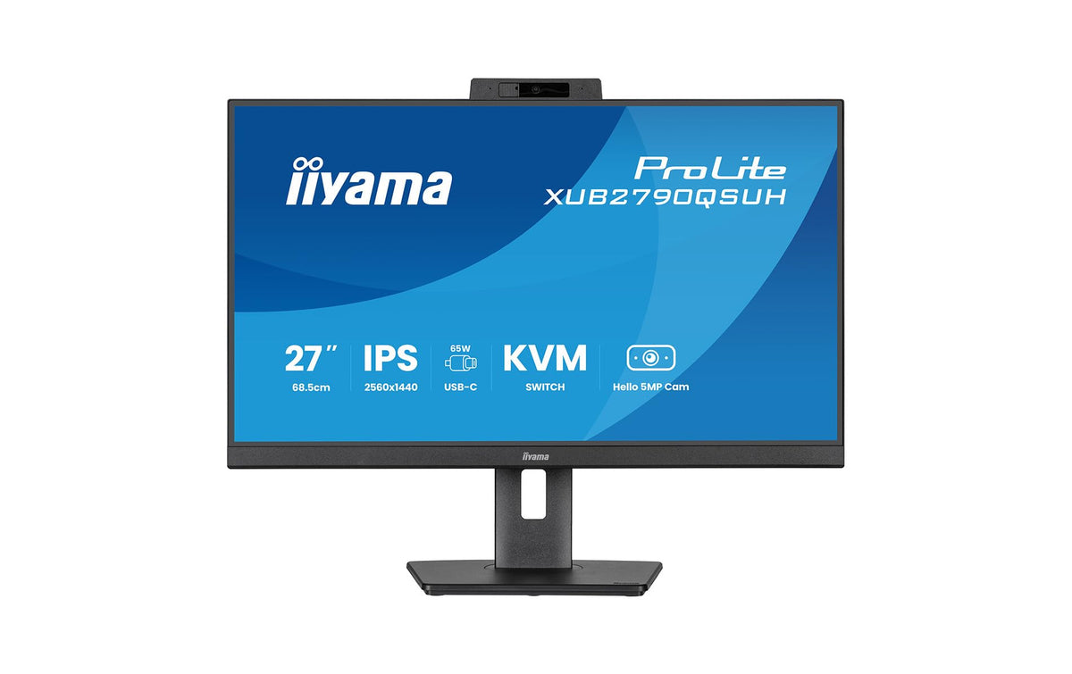 iiyama XUB2790QSUH-B2 27 pouces IPS-panel 2560x1440 100Hz Windows Hello Webcam 5MP Mise au point automatique Support réglable en hauteur 15cm 4ms 250