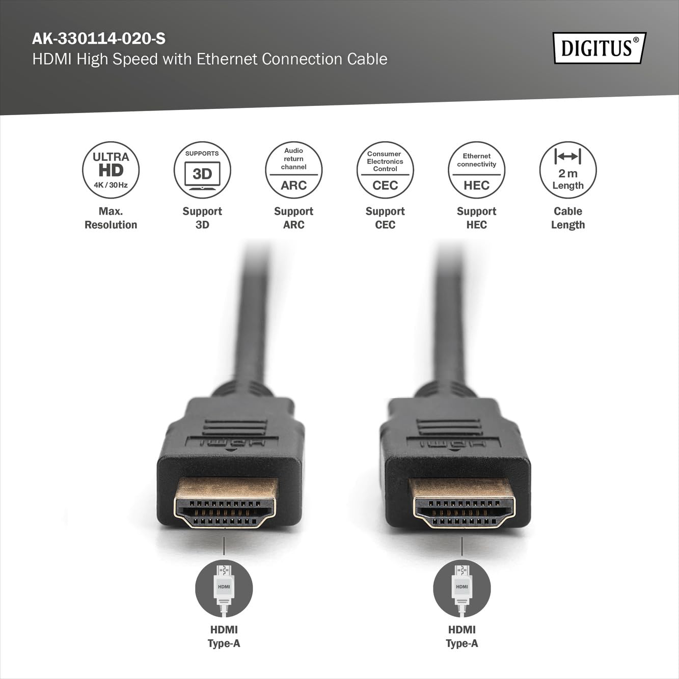 Digitus AK-330114-020-S Câble HDMI Haute Vitesse avec Ethernet 2m Noir