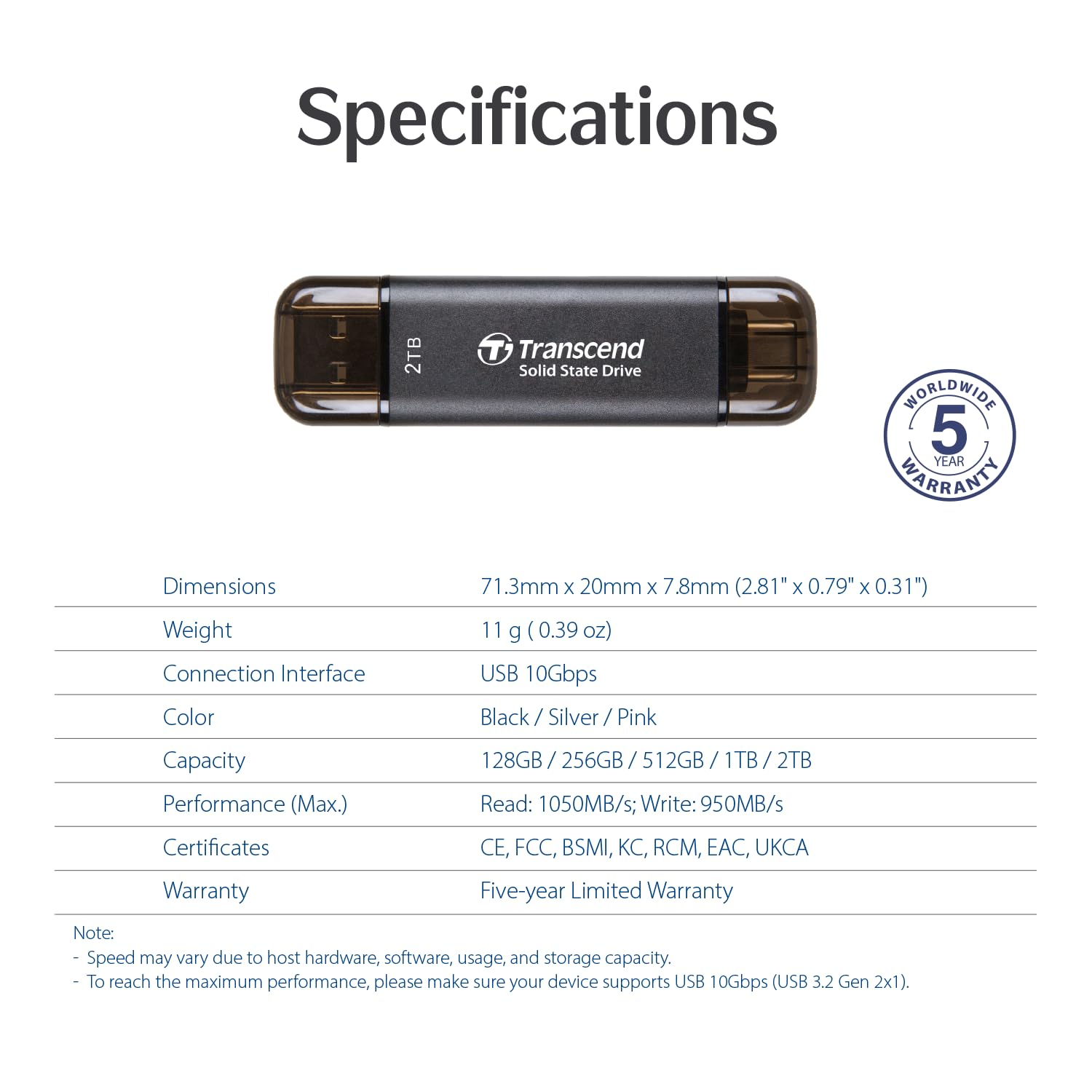 TRANSCEND ESD310S 512Go External SSD USB 10Gbps Type C/A Silver