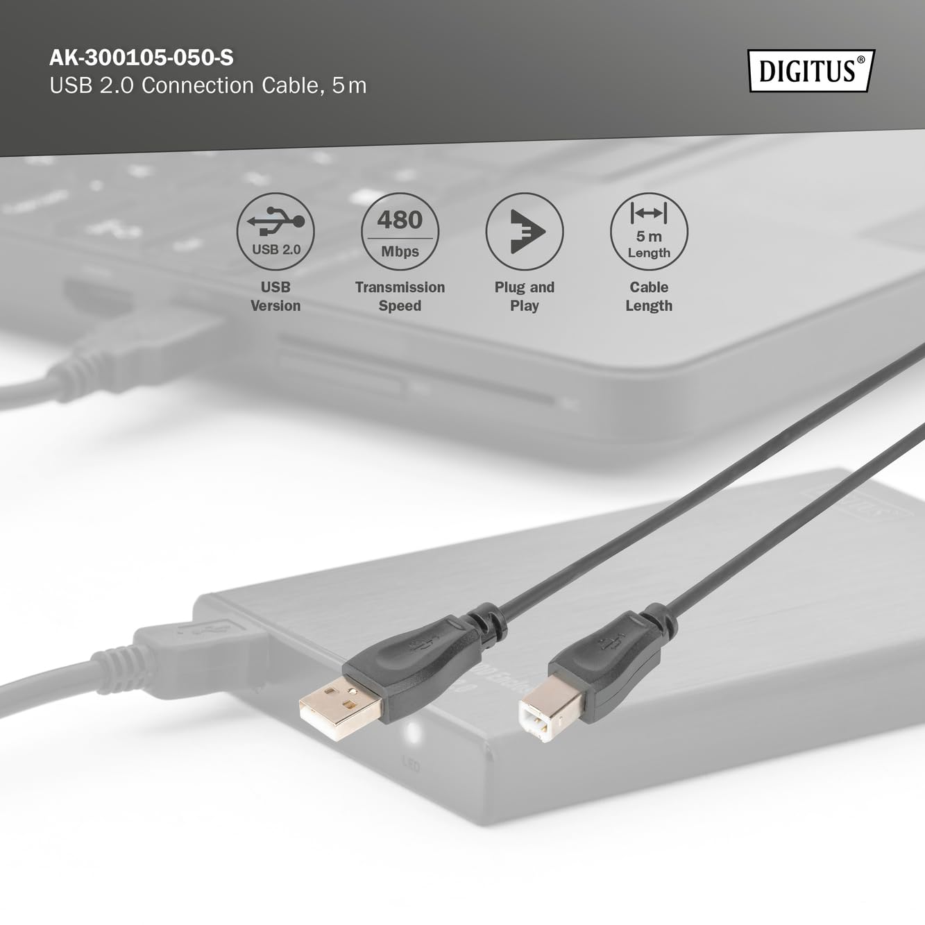Digitus AK-300105-050-S Câble USB 2.0 Mâle a Mâle A a B 5m Noir
