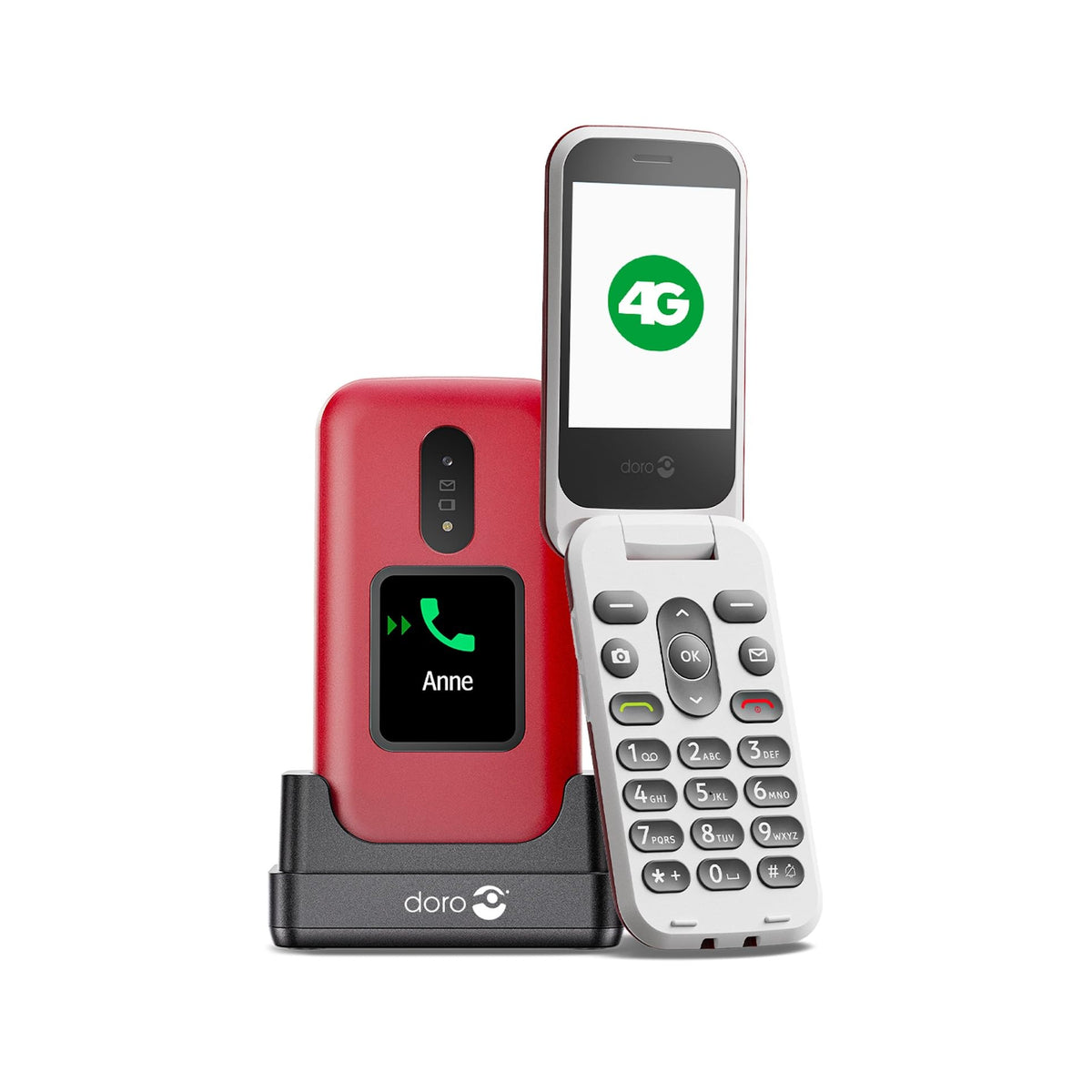 Doro 2880 4G (Clapet avec Socle de Charge, Double écran) Rouge / Blanc