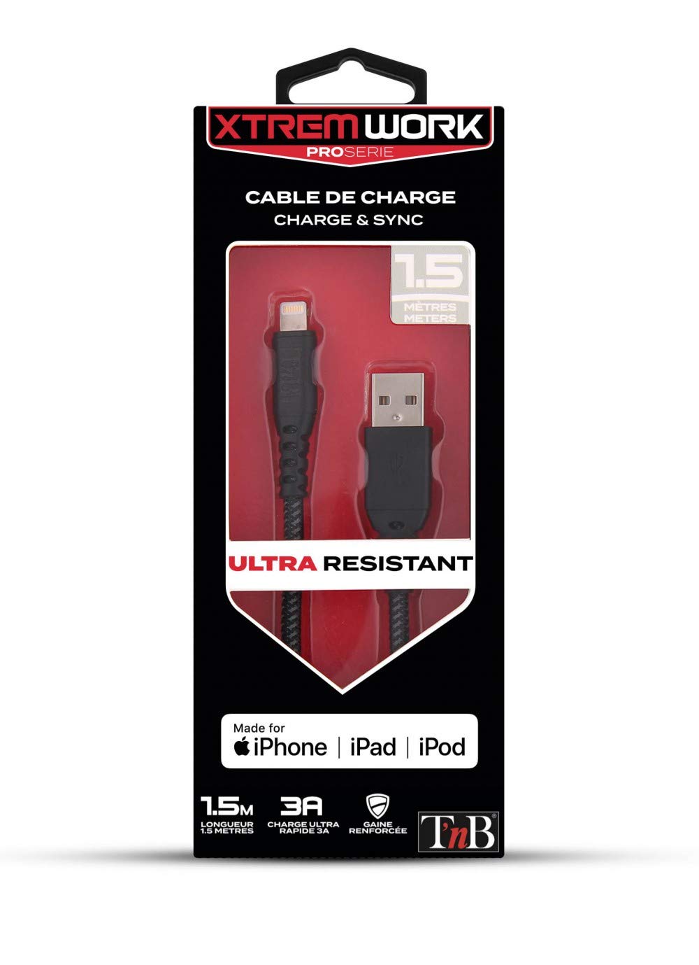 TNB XTREMWORK 1.5m USB Lightning Cable Black/Grey