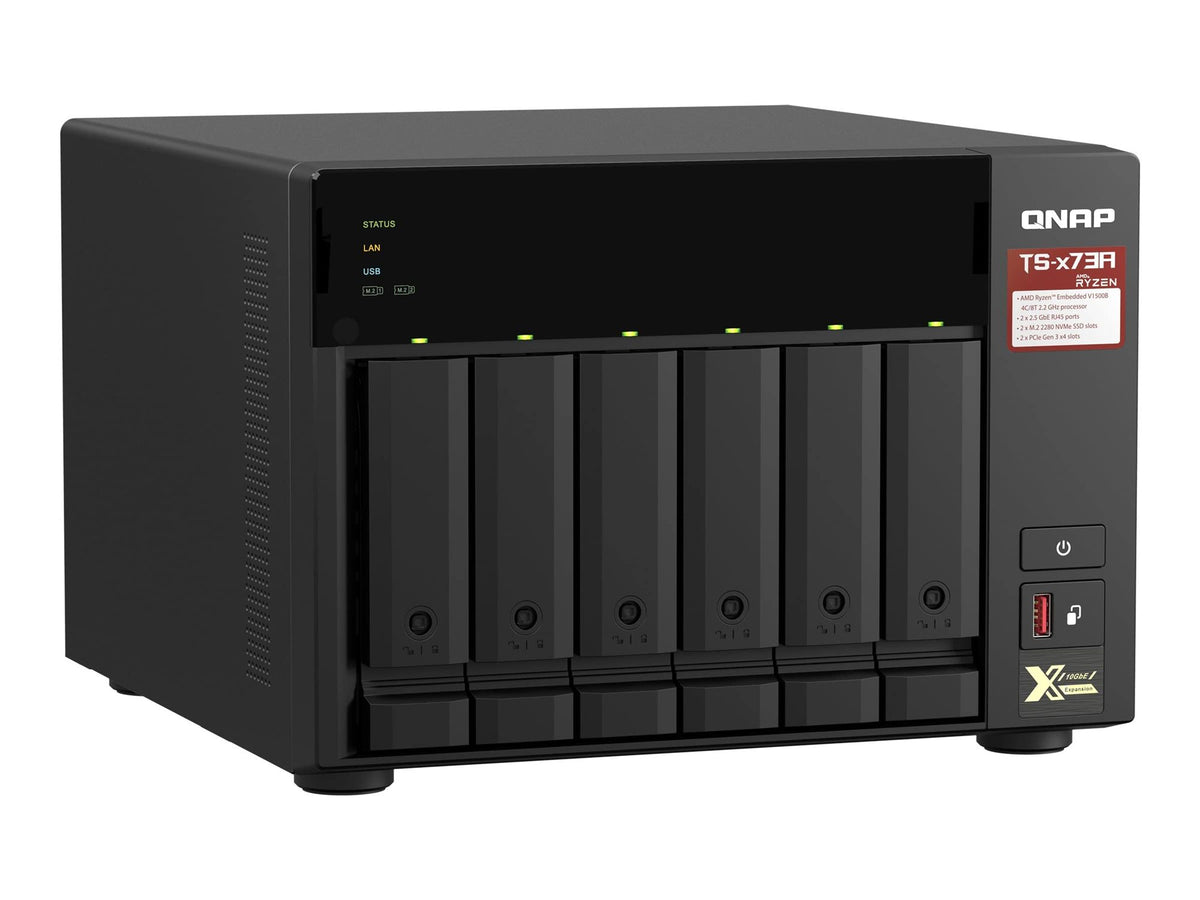 QNAP 6-bay NAS AMD Ryzen Embedded V1500B 2.2GHz 8Go 6xSATA 6Gb/s bays 2xM.2 NVMe PCIe Gen3 SSD slots 2x2.5GbE LAN optional 10GbE