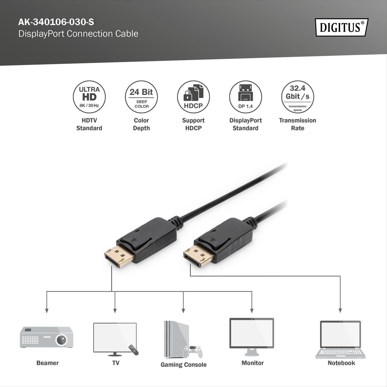 Digitus AK-340106-030-S câble DisplayPort Noir