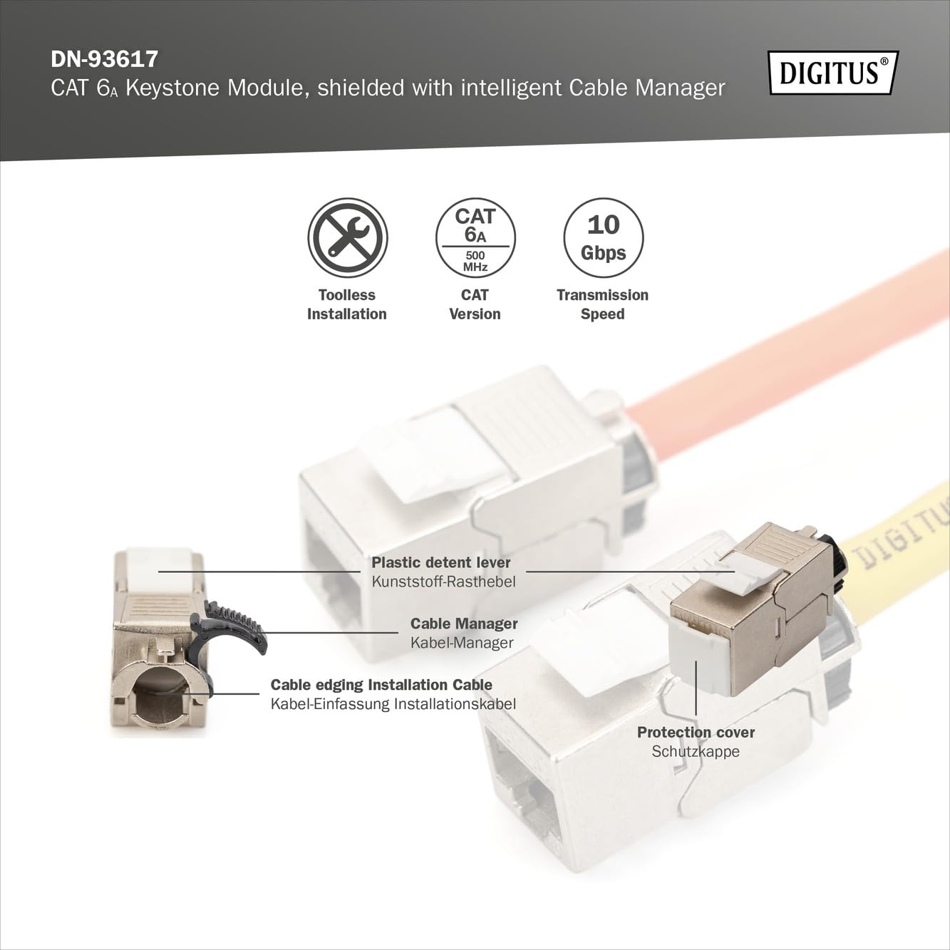 Module Keystone CAT 6A - blindé avec gestionnaire de câbles intelligent - Argent - Rj-45 - 19 g - Chine