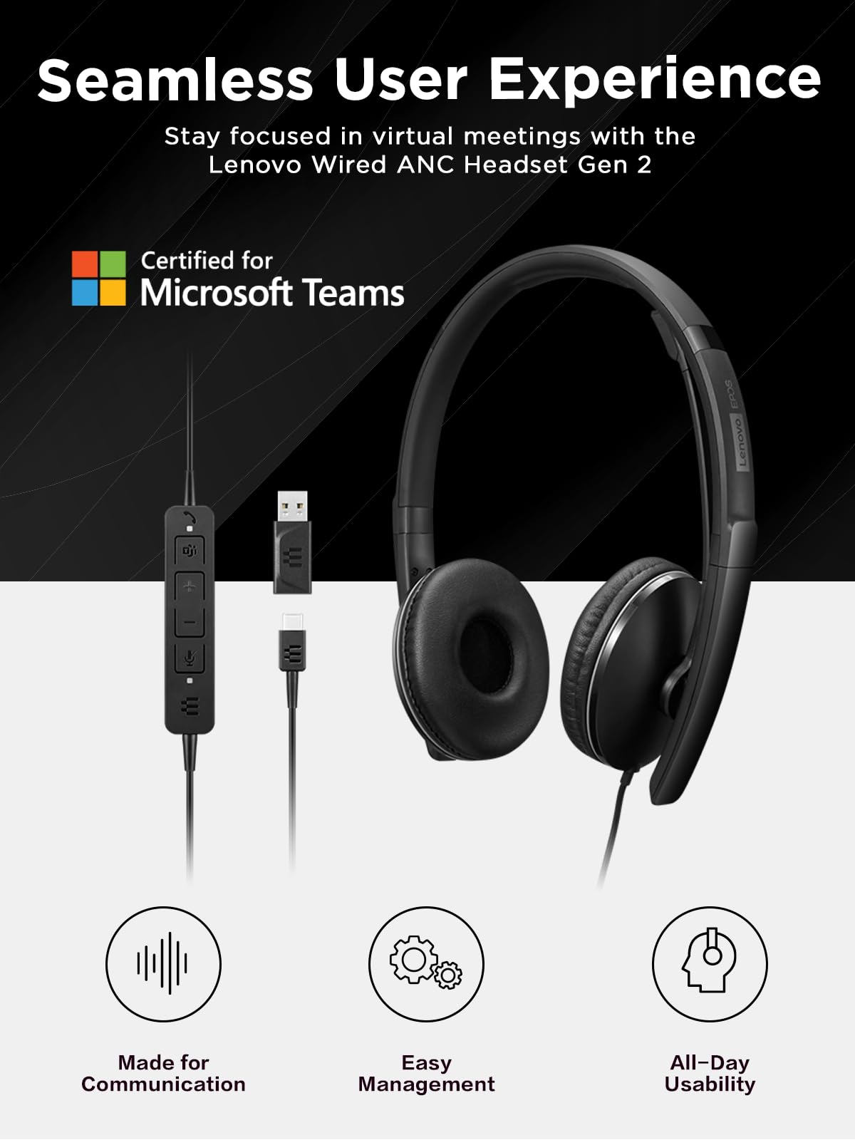 LENOVO - Gen 2 - Micro-casque - sur-oreille - filaire - USB-C - noir - Certifié pour Microsoft Teams