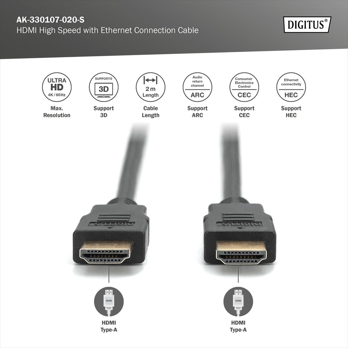 Digitus AK-330107-020-S Câble HDMI Haute Vitesse Ethernet 2m Noir Résolution 4K