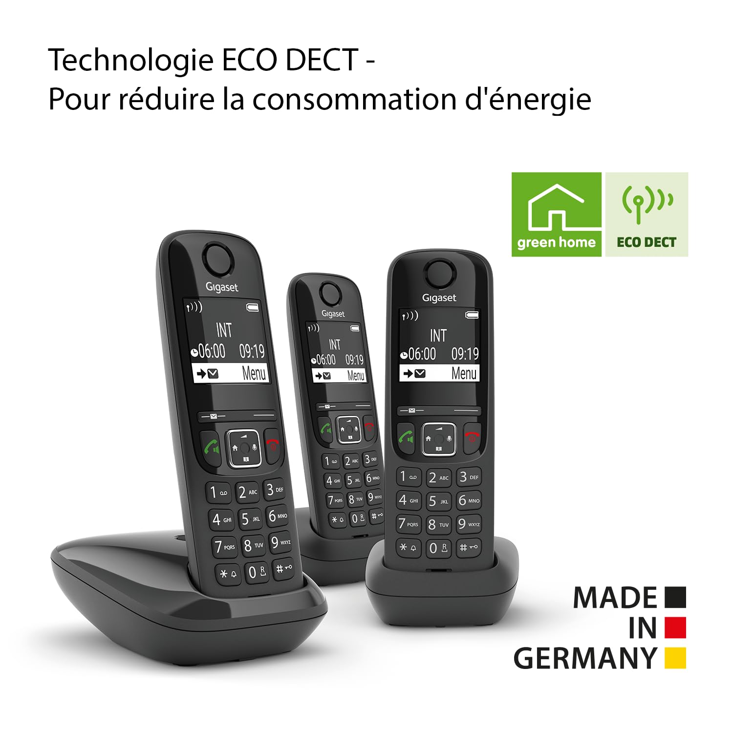Gigaset AS690 TRIO téléphone DECT noir - base + 3 combinés