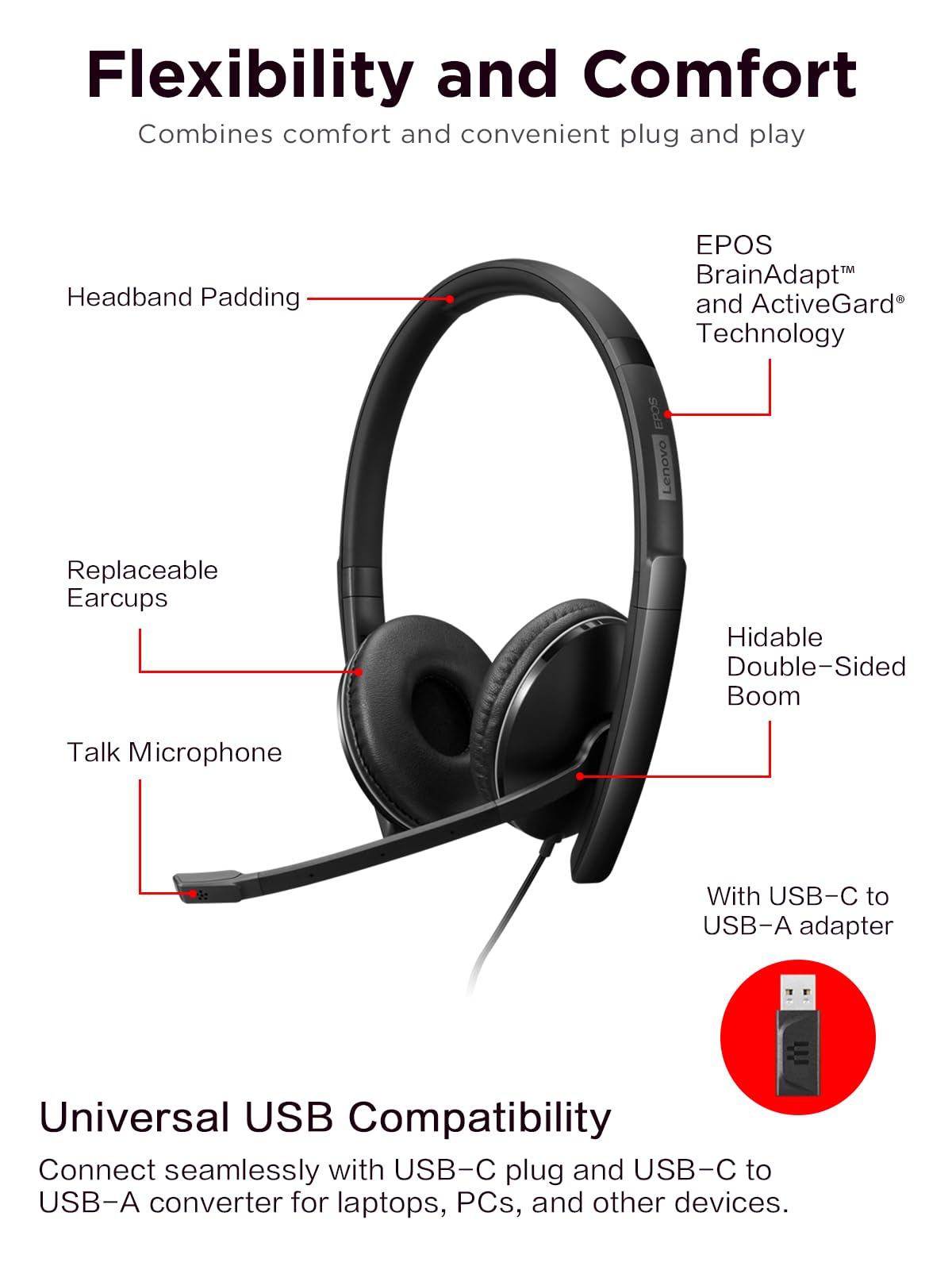 LENOVO - Gen 2 - Micro-casque - sur-oreille - filaire - USB-C - noir - Certifié pour Microsoft Teams