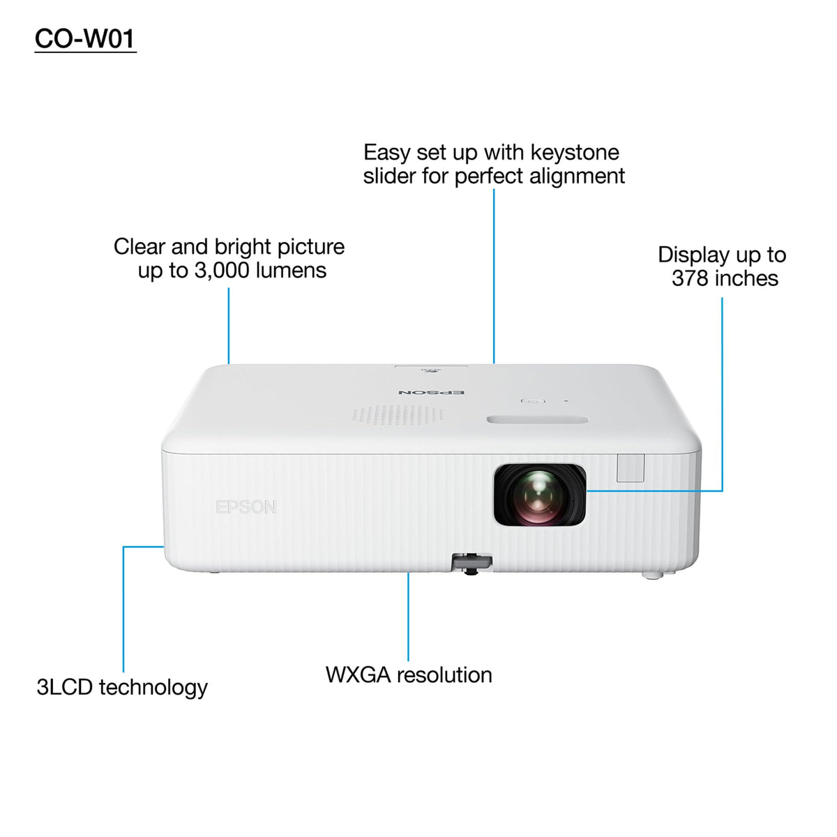 EPSON CO-W01 Projecteur 3 LCD  polyvalent - WXGA  -  HD ready - 3000 lumens-HDMI 1.4, USB 2.0- USB 2-B - HP 5Watt - Garantie 2 ans