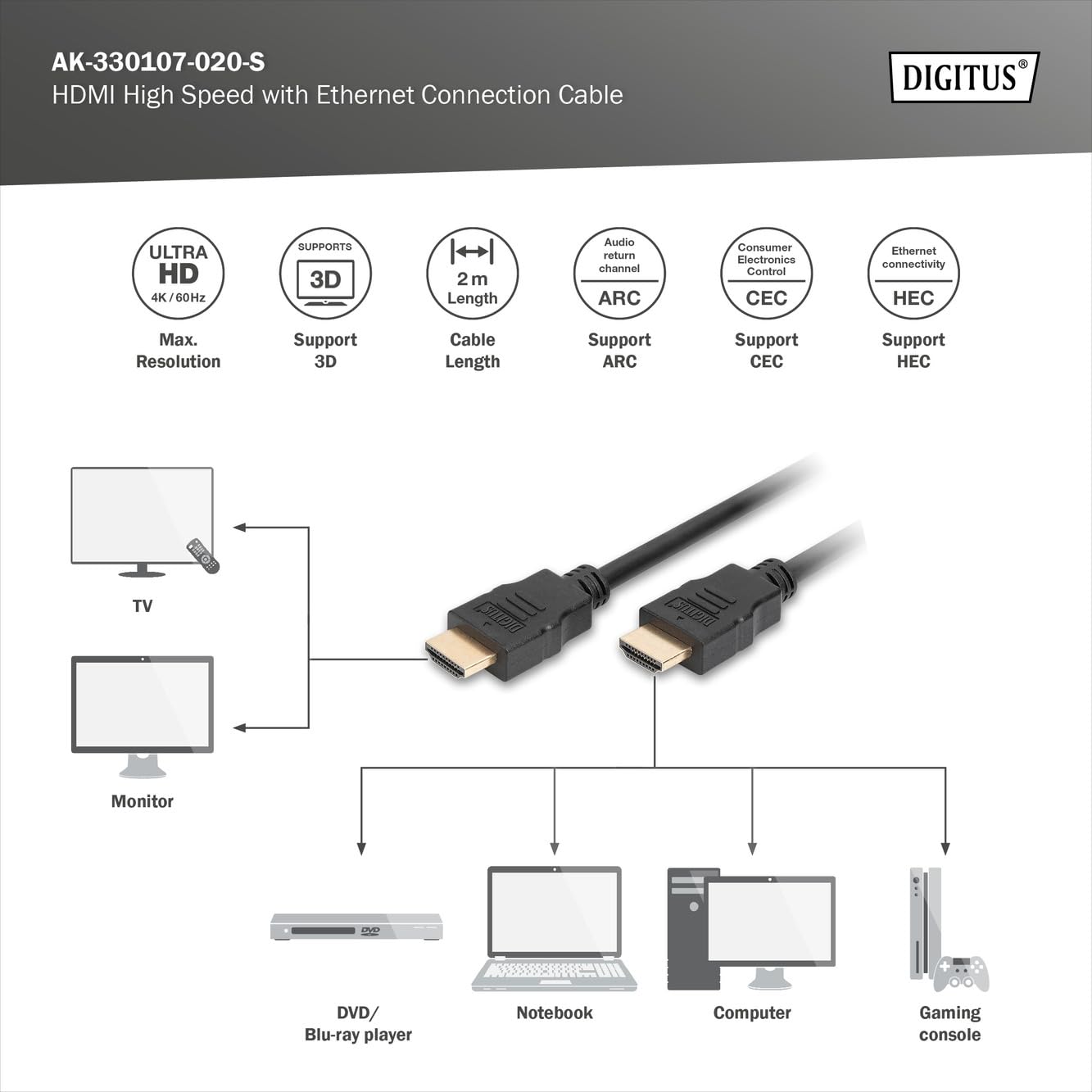 Digitus AK-330107-020-S Câble HDMI Haute Vitesse Ethernet 2m Noir Résolution 4K