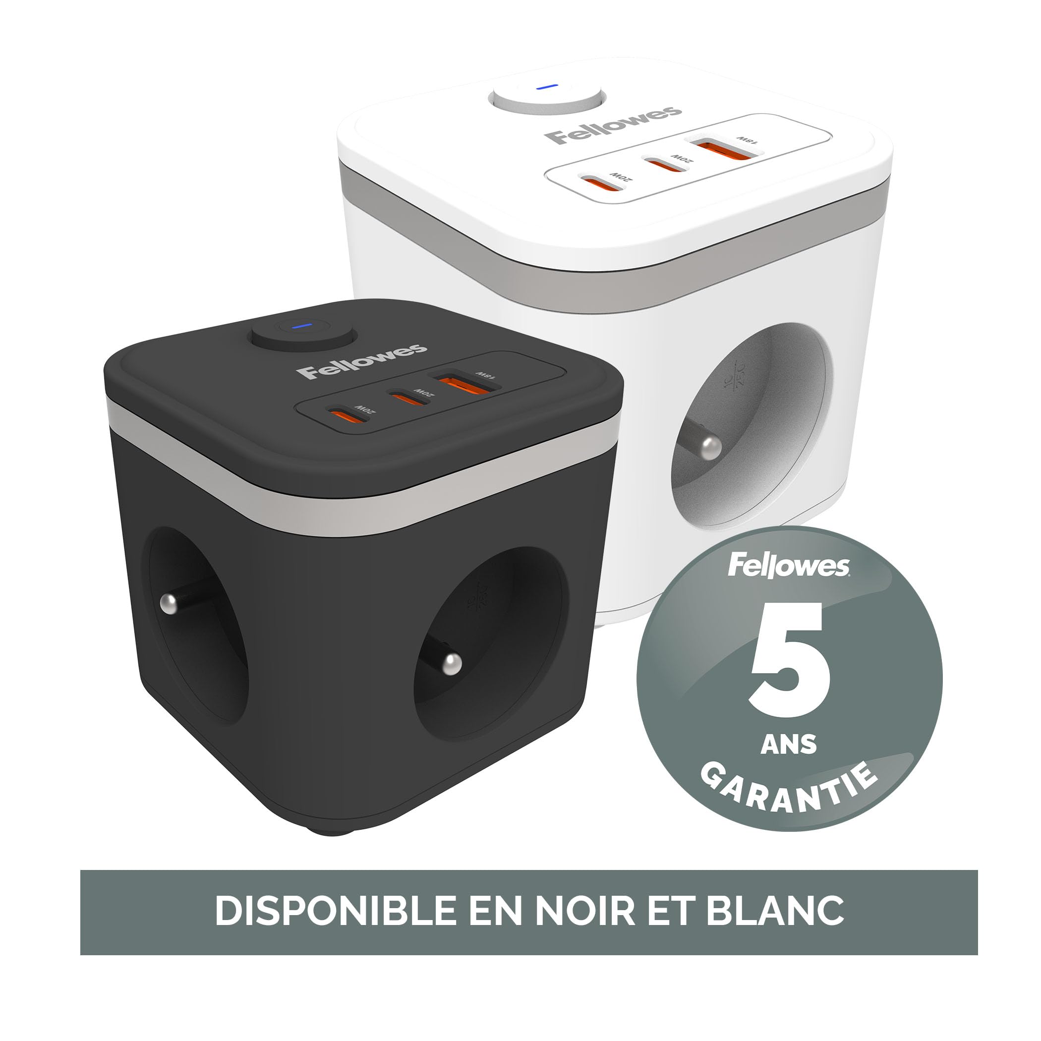 FELLOWES POWER CUBE TYPE E - BLANC MULTI PRISE Équipé de 3 x prises de courant 230v 1 x port USB-A 18W max et 2 x ports USB-C 20W