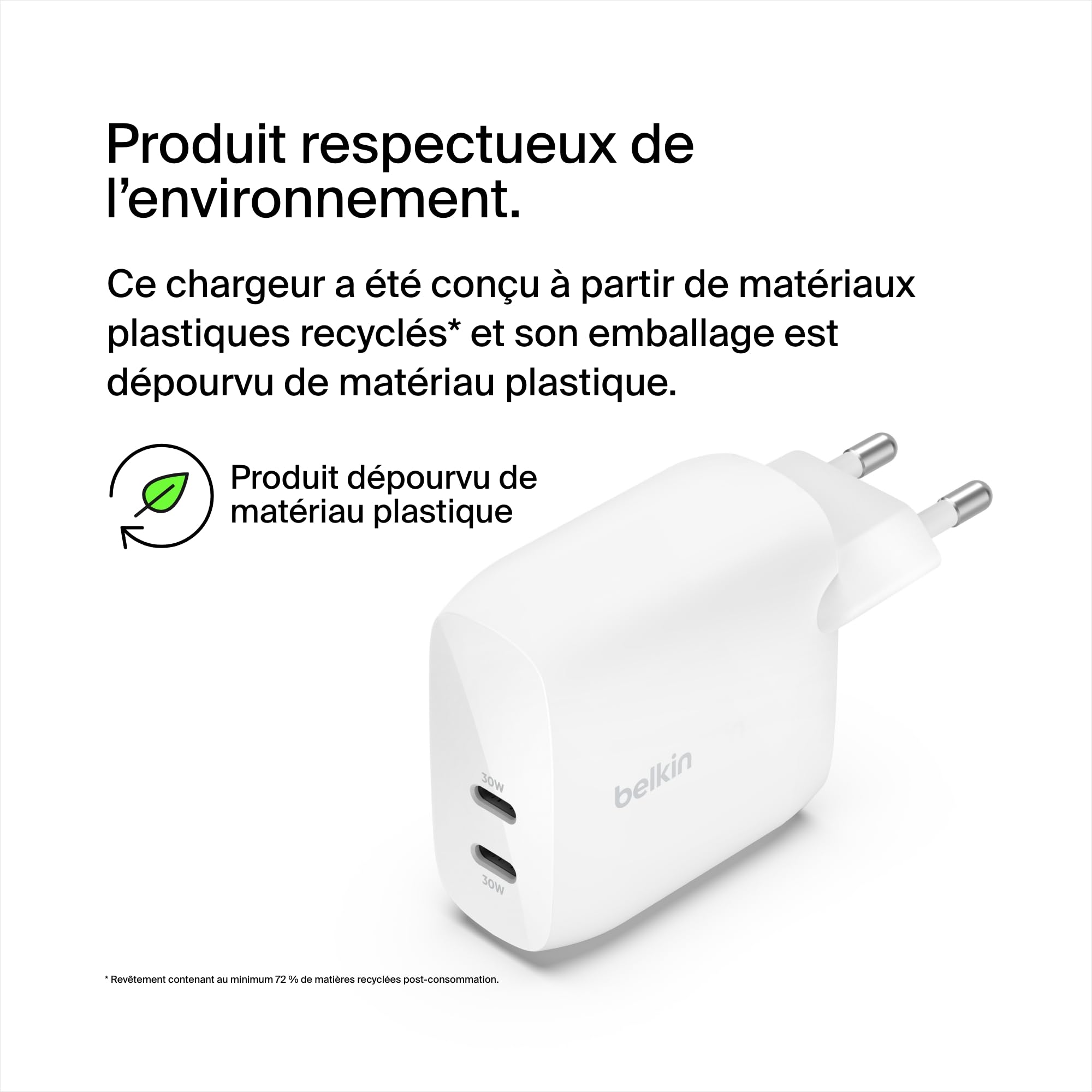 BELKIN BOOST CHARGE 60w USB-C PD Dual 30w Wall Charger White