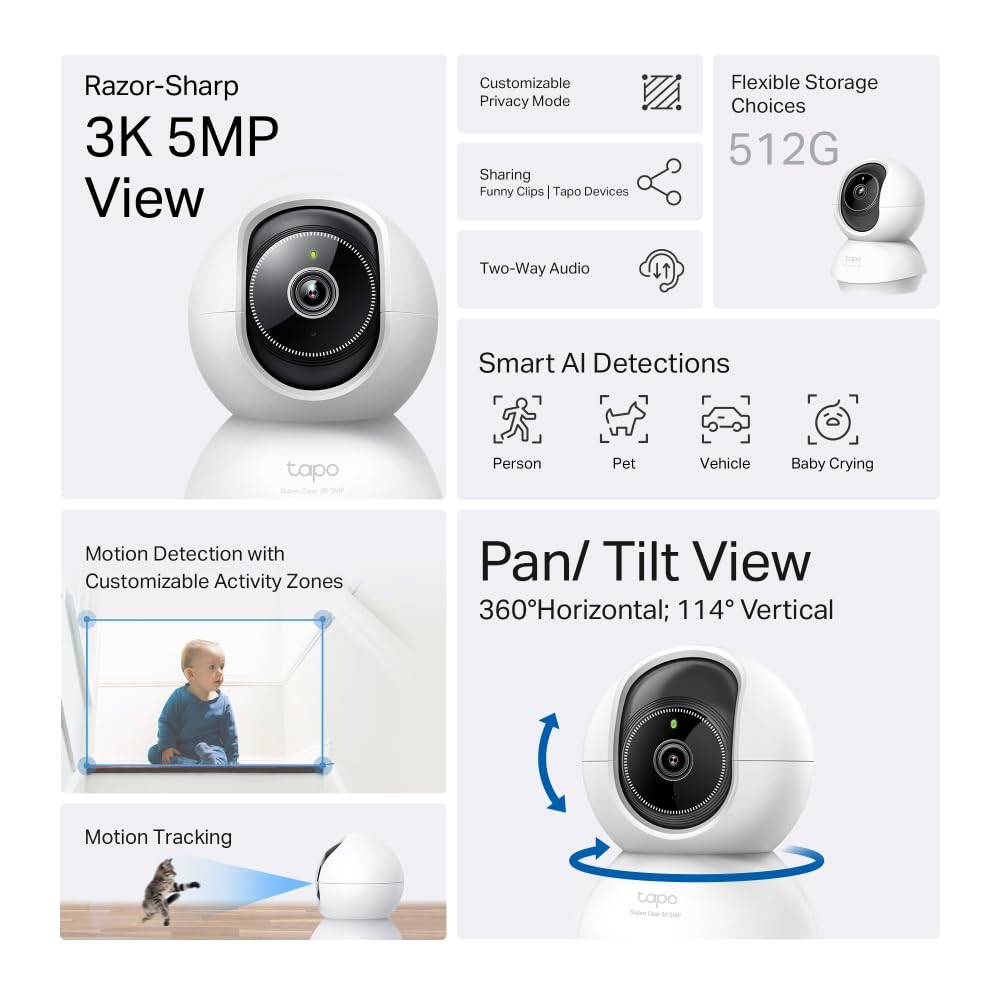 TP-LINK Pan/Tilt AI Home Security Wi-Fi Camera 3K 5MP 2880x1620 2.4GHz