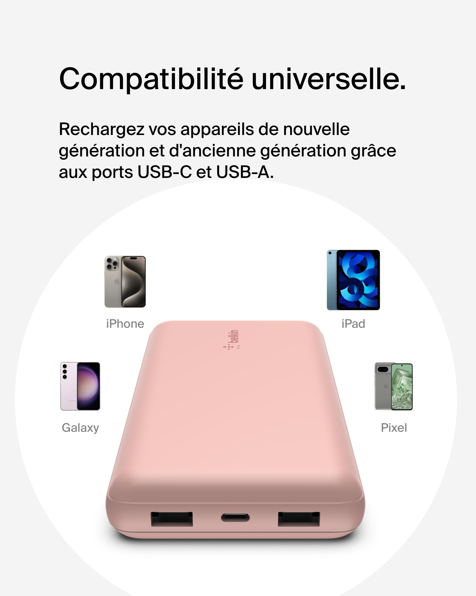 BELKIN Powerbank 20K 15W USB-C cable inclus + 2 USB-A Rose
