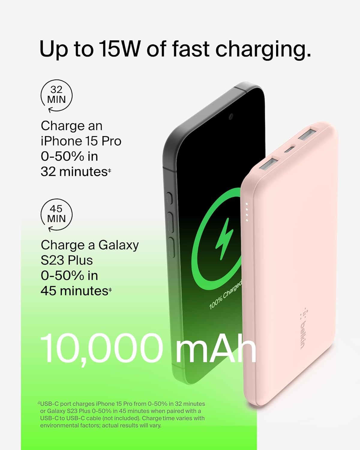 BELKIN Batterie externe 3 ports 10K avec câble USB-A vers USB-C rose