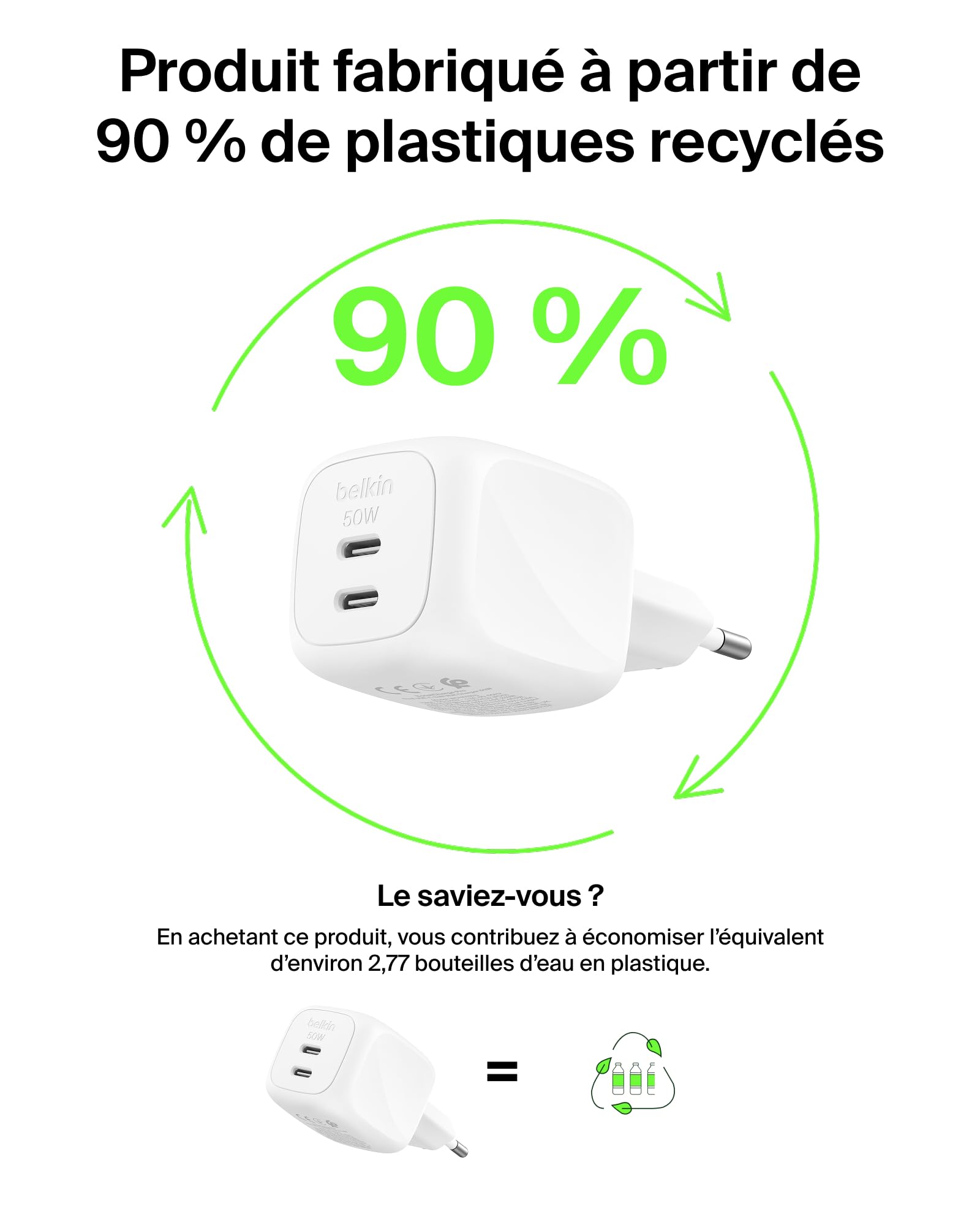 BELKIN BoostCharge 50W Dual USB-C PD Wall Charger with PPS WHT